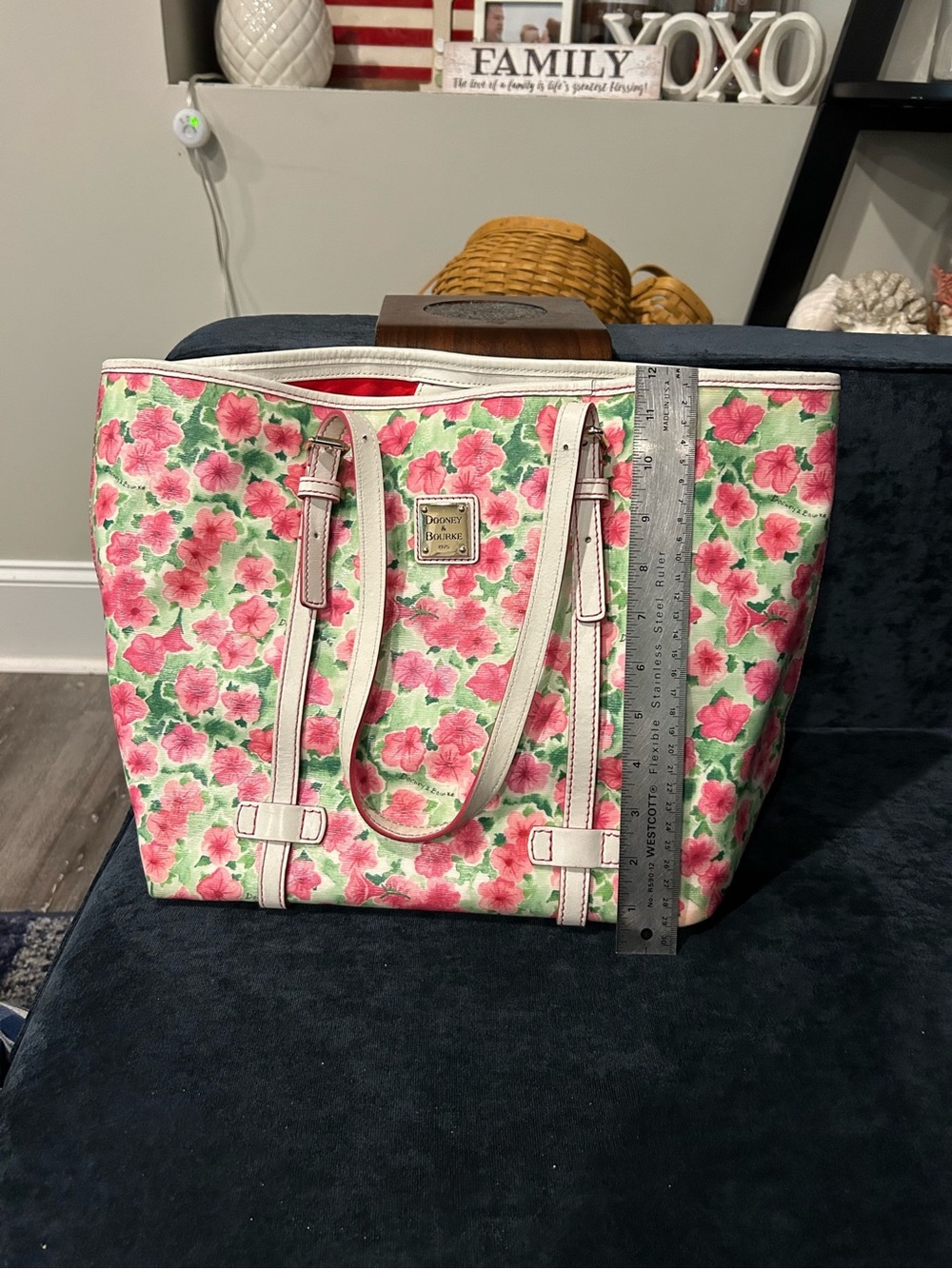 Dooney & Bourke Pink Floral Canvas Tote with White Trim